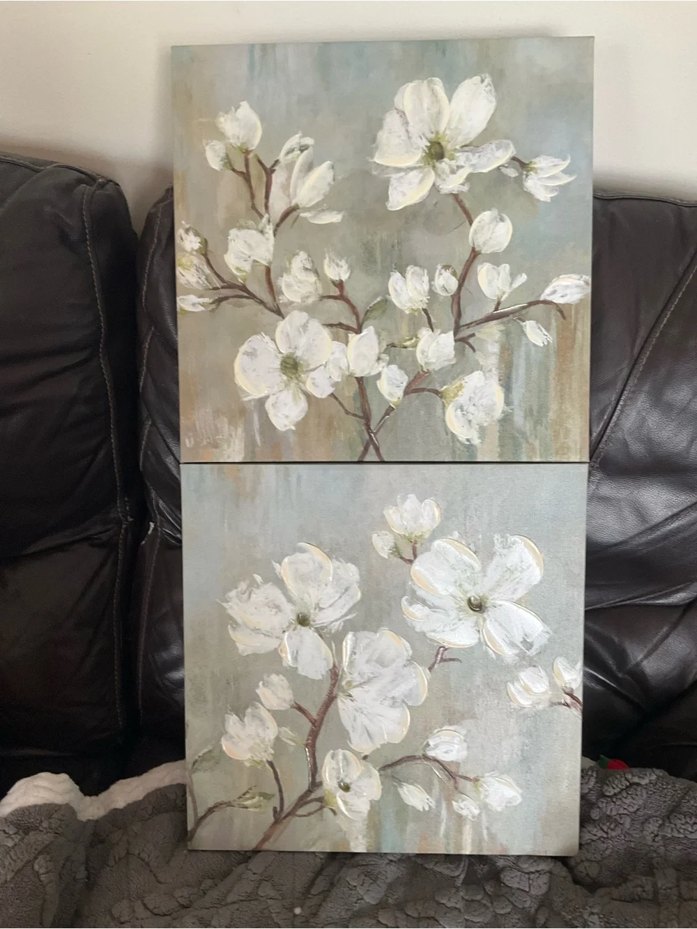 Cream Floral Canvas on Soft Blue-Green Background